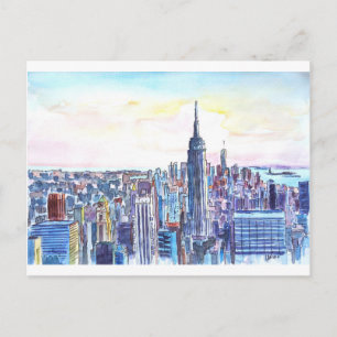 Panorama Of Manhattan Skyline in watercolor Postcard