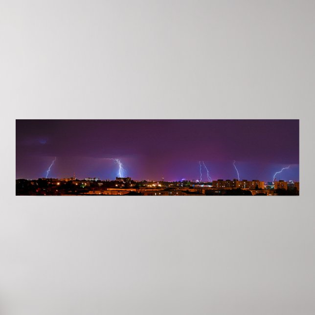 Panorama of Multiple Lighting Strikes in Bucharest Poster (Front)