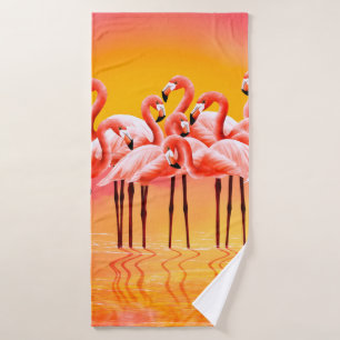 Panorama of pink flamingos on a bright pink backgr bath towel