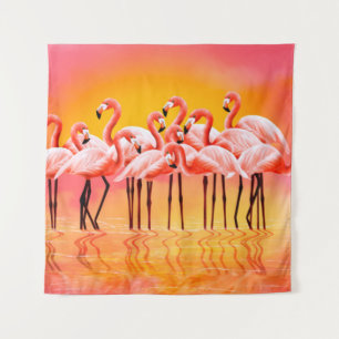 Panorama of pink flamingos on a bright pink backgr tapestry