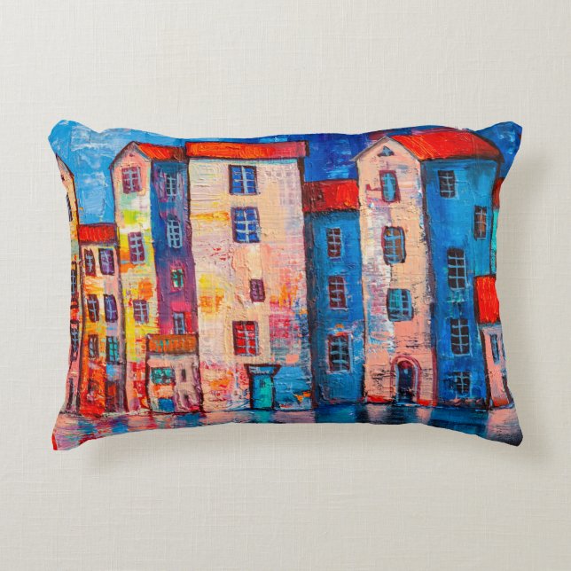 Panorama of street with colourful homes. Impressio Decorative Cushion (Front)