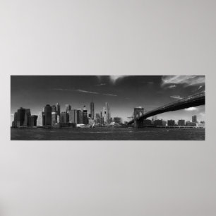 Panoramic Black White Brooklyn Bridge New York Poster