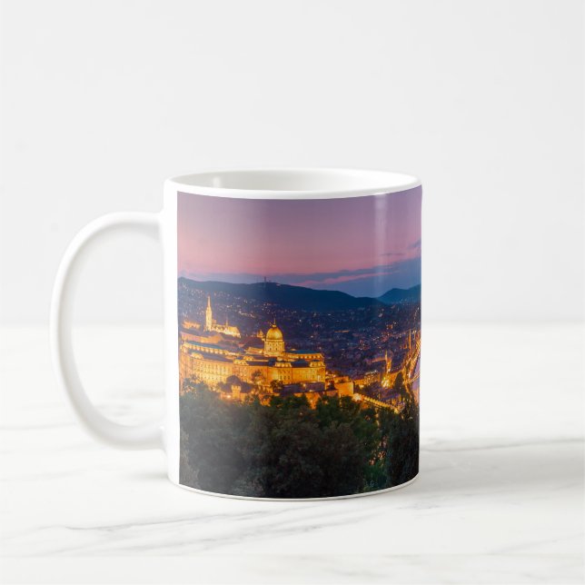 Panoramic Budapest Skyline in Hungary at Night Coffee Mug (Left)