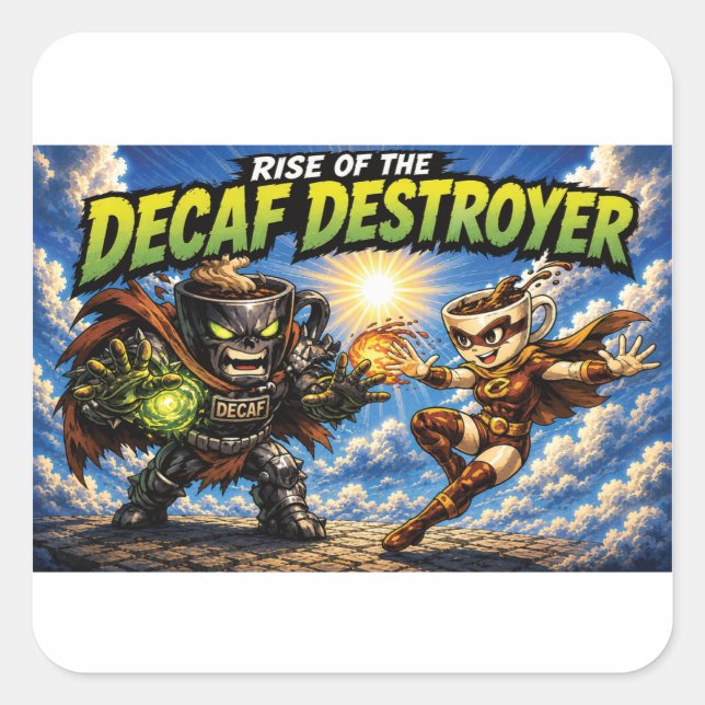 Panoramic Decaf Destroyer Coffee Superhero Comic Square Sticker (Front)