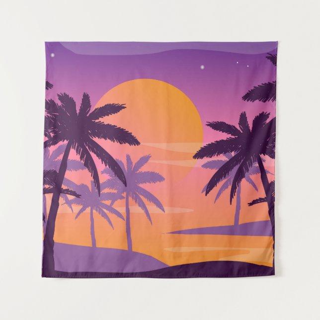 Panoramic landscape: sunset with palms. tapestry (Front)