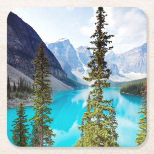 Panoramic of Moraine Lake   Valley of Ten Peaks Square Paper Coaster