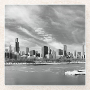 Panoramic view of Chicago skyline in winter Glass Coaster