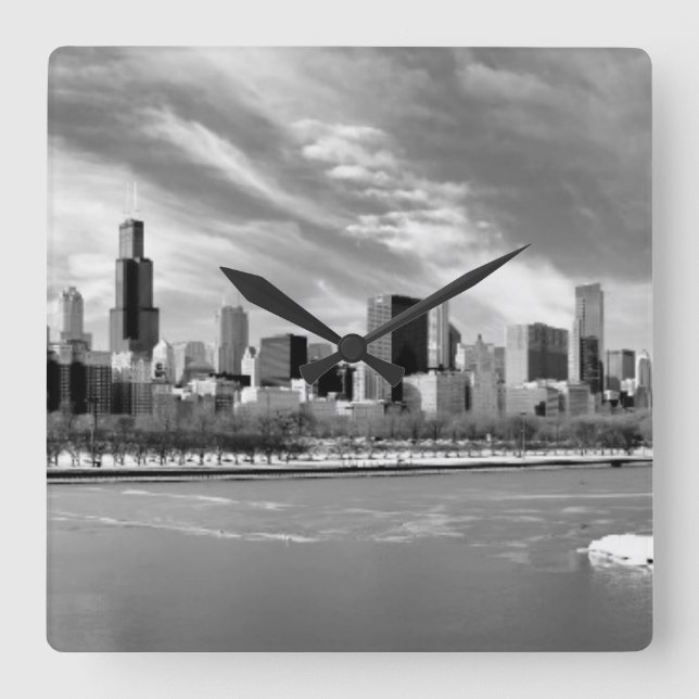 Panoramic view of Chicago skyline in winter Square Wall Clock (Front)