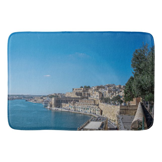 Panoramic view of city wall and harbor in Valletta Bath Mat (Front)