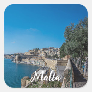 Panoramic view of city wall and harbor in Valletta Square Sticker