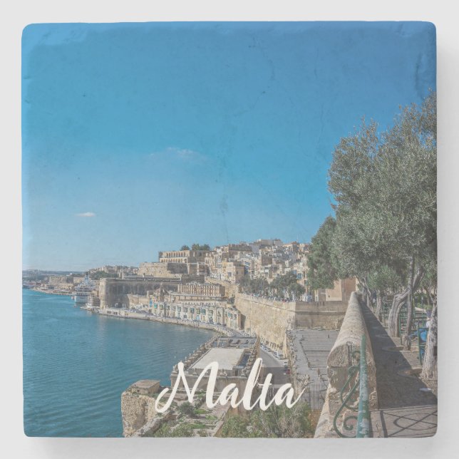 Panoramic view of city wall and harbor in Valletta Stone Coaster (Front)