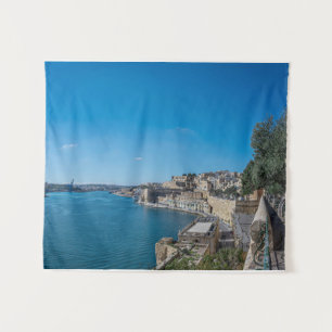 Panoramic view of city wall and harbor in Valletta Tapestry