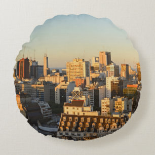 Panoramic View Of Cityscape At Dusk Round Cushion