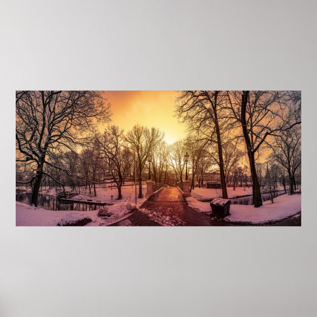 Panoramic view of snowy park during sunset in Riga Poster (Front)