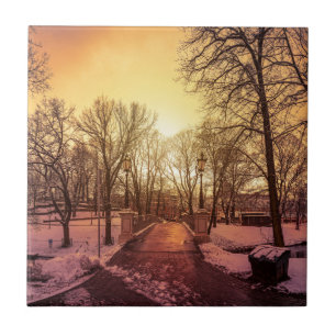 Panoramic view of snowy park during sunset in Riga Tile