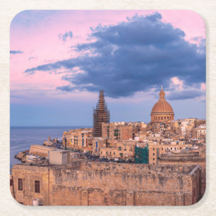 Panoramic view of sunset over Valletta Square Paper Coaster