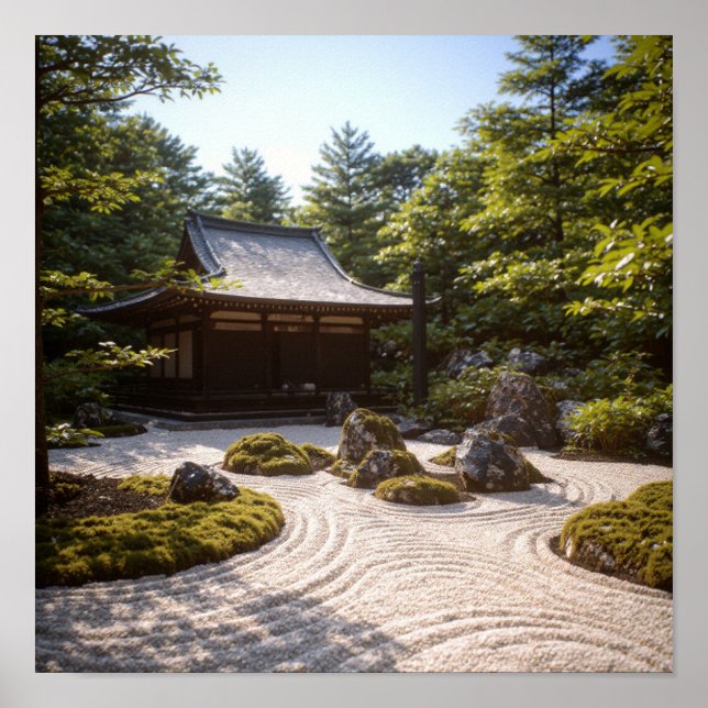 Panoramic Zen Garden View & Traditional Tea House Poster (Front)