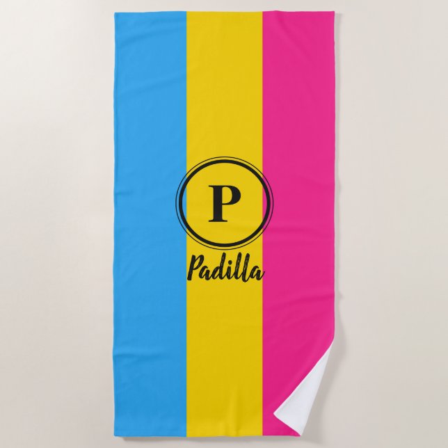 Pansexual Pride Flag Black Custom Monogram LGBT Beach Towel (Front)