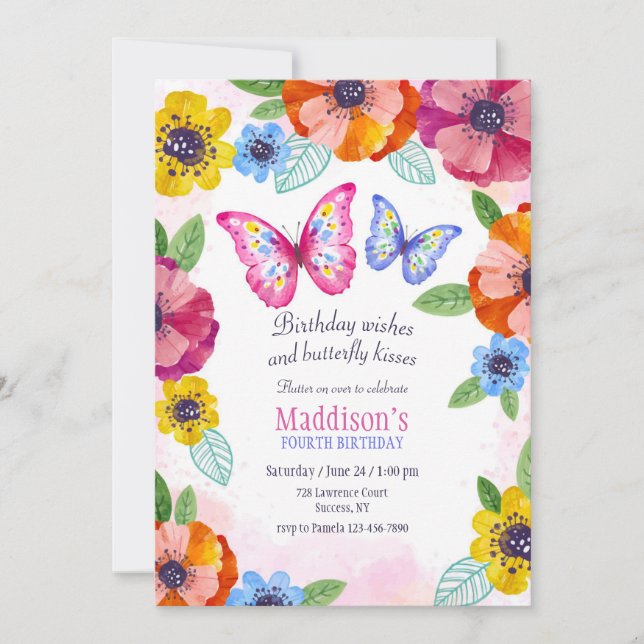 Pansies and Butterflies Birthday Party Invitation (Front)