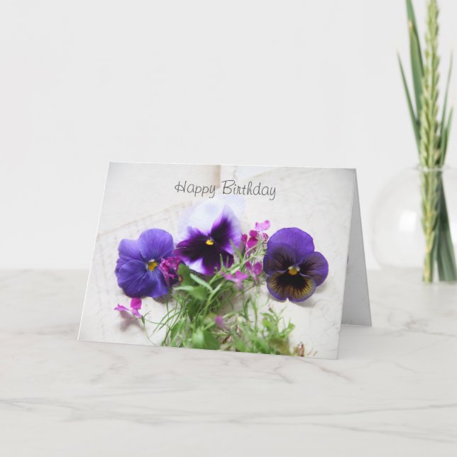 Pansies and lobelia on old handwriting card (Front)