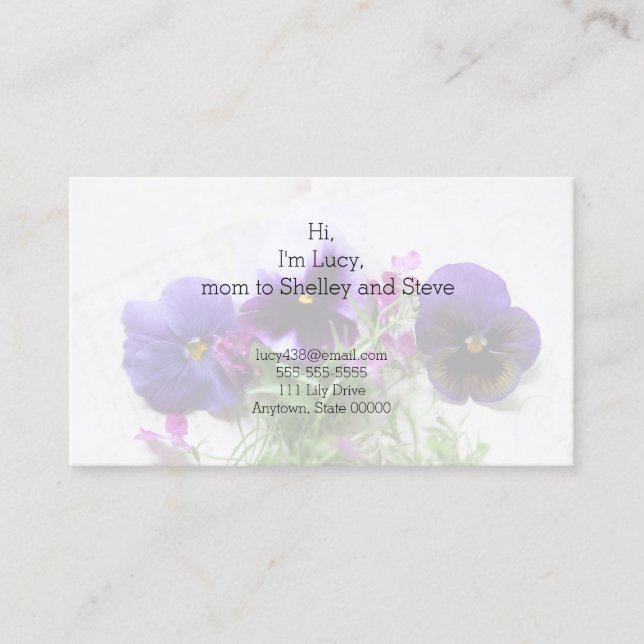 Pansies and lobelia on old handwriting mum calling card (Front)