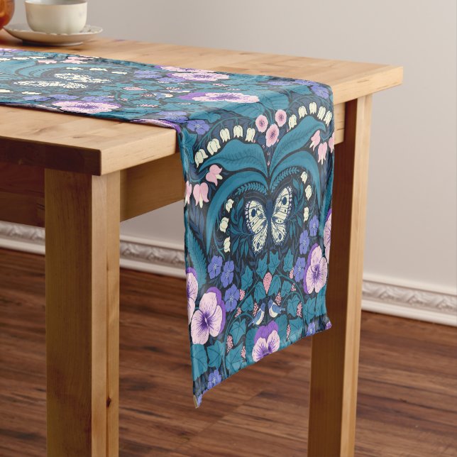 Pansies, birds and butterflies short table runner (In Situ)