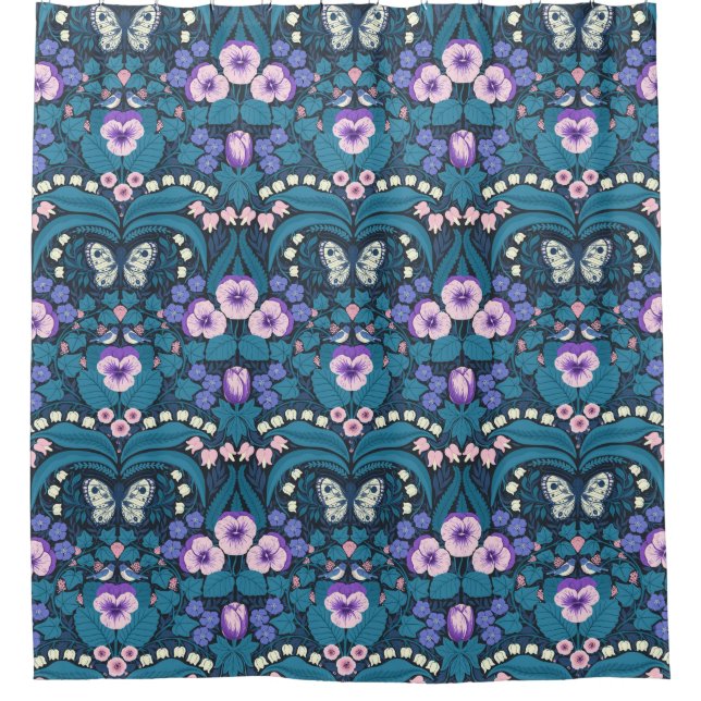 Pansies, birds and butterflies shower curtain (Front)