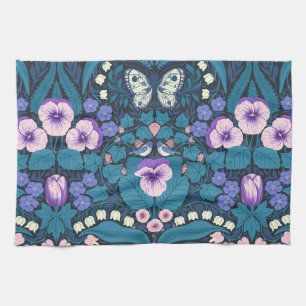 Pansies, birds and butterflies tea towel