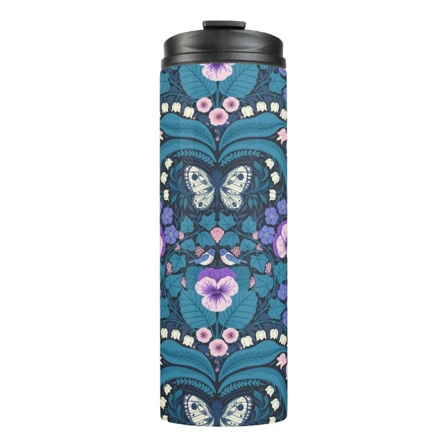 Pansies, birds and butterflies thermal tumbler (Front)