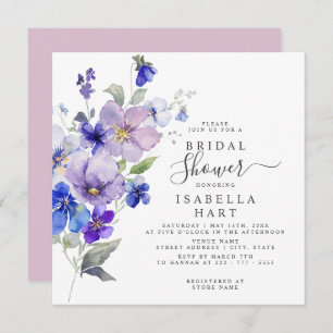 Pansies Botanical Floral Lilac Blue Bridal Shower Invitation
