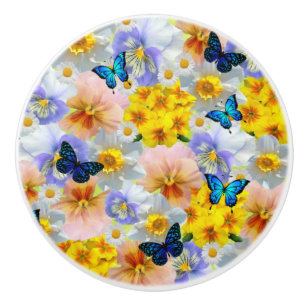 Pansies Daisies And Butterflies Ceramic Knob