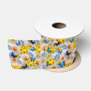 Pansies Daisies And Butterflies Satin Ribbon
