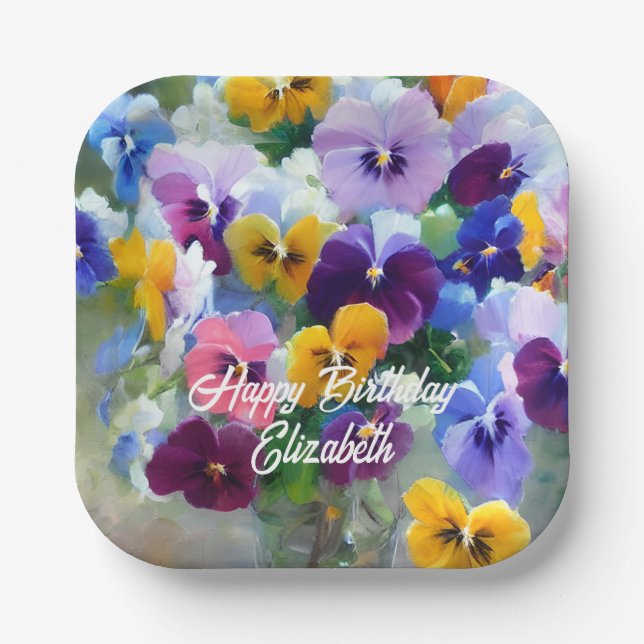 Pansies Happy Birthday Paper Plate (Front)