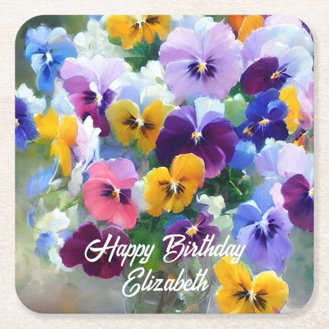 Pansies Happy Birthday Square Paper Coaster (Front)