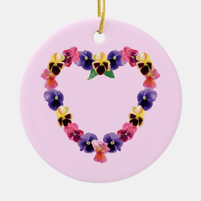 Pansies Heart Ceramic Tree Decoration (Front)