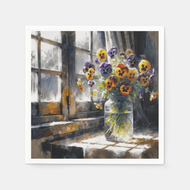 Pansies In a Vintage Glass Jar Napkin (Front)