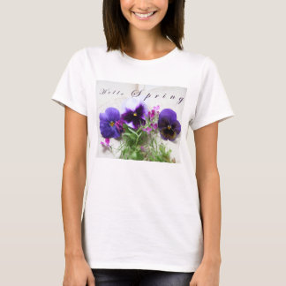 Pansies, lobelia on old handwriting Hello Spring T-Shirt