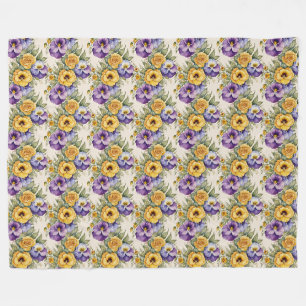 Pansies Modern Vintage Floral Fleece Blanket