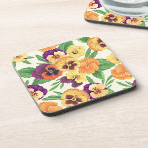Pansies on off white coaster