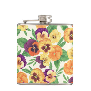 Pansies on off white hip flask