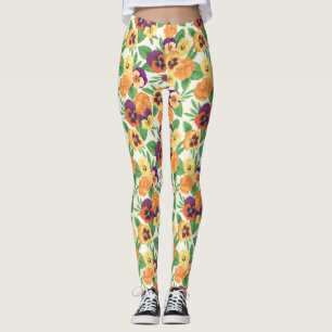 Pansies on off white leggings