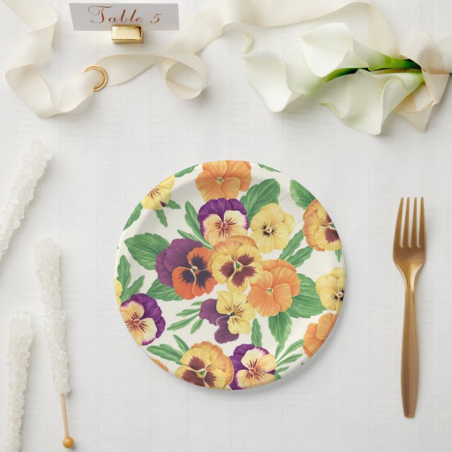 Pansies on off white paper plate (Wedding)