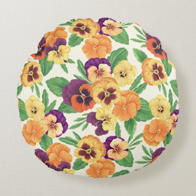 Pansies on off white round cushion (Front)