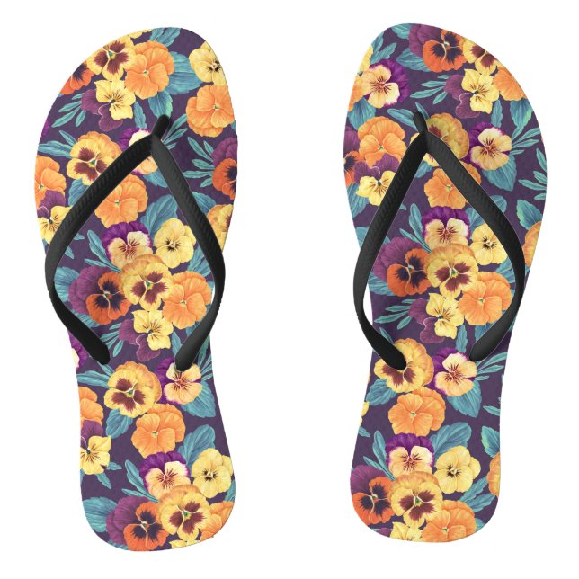 Pansies on plum violet flip flops (Footbed)