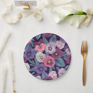 Pansies on plum violet paper plate