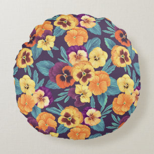 Pansies on plum violet round cushion