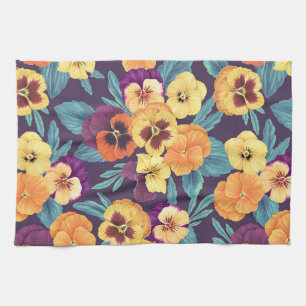 Pansies on plum violet tea towel