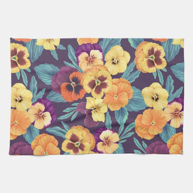 Pansies on plum violet tea towel (Horizontal)