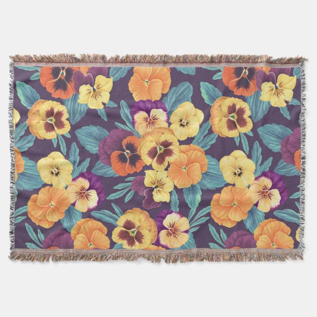 Pansies on plum violet throw blanket (Front)