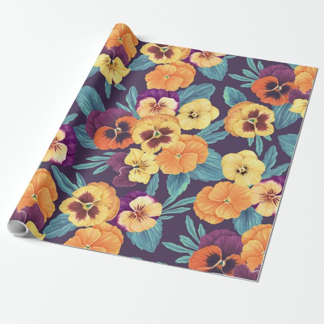 Pansies on plum violet wrapping paper (Unrolled)